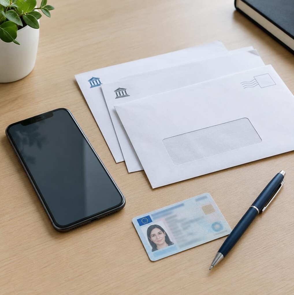 Smartphone next to paper administrative letters and a pen