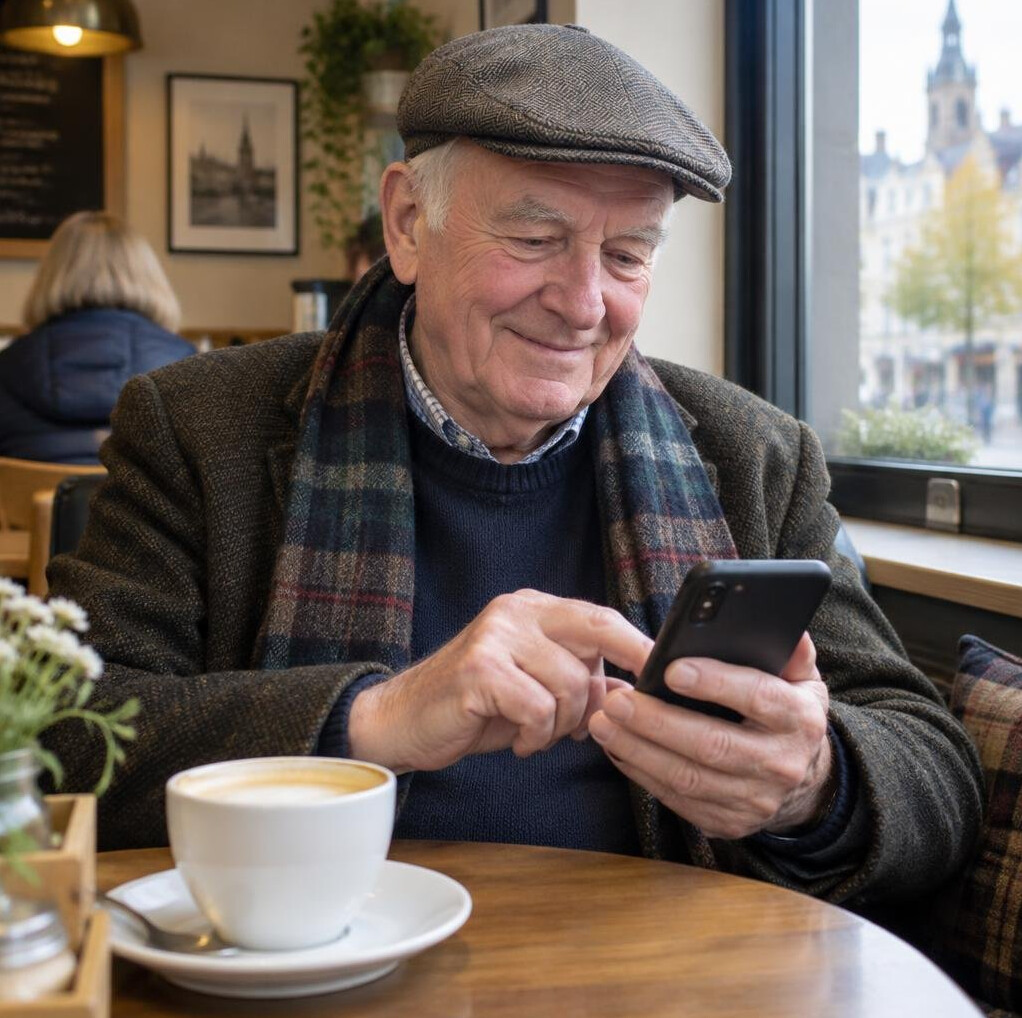 Elderly man sending a message on his phone in a cafe