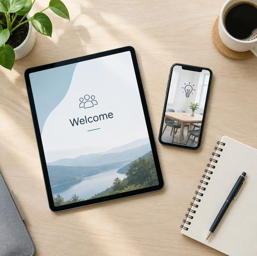 Tablet and smartphone on a table with a notebook