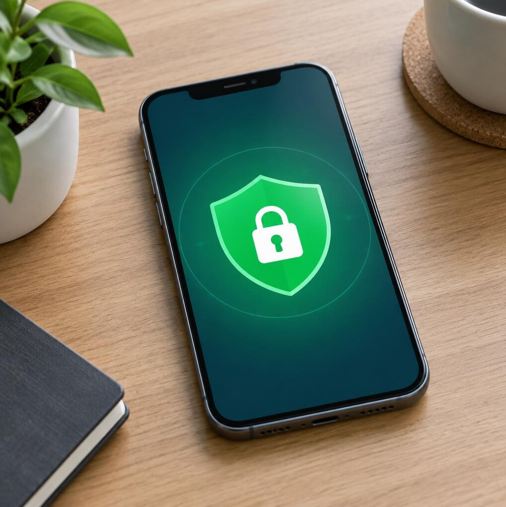 Smartphone showing a shield with a padlock icon on the screen