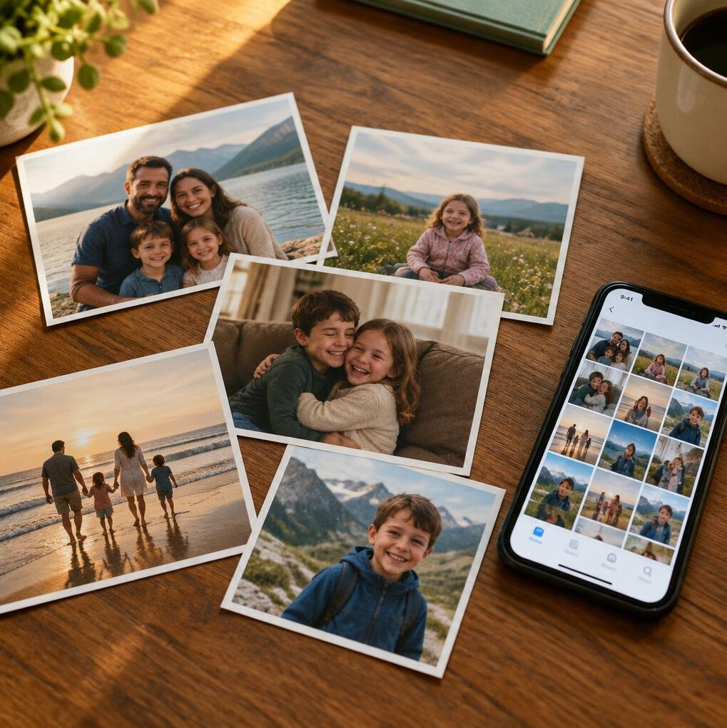 Printed family photos next to a smartphone showing a photo gallery