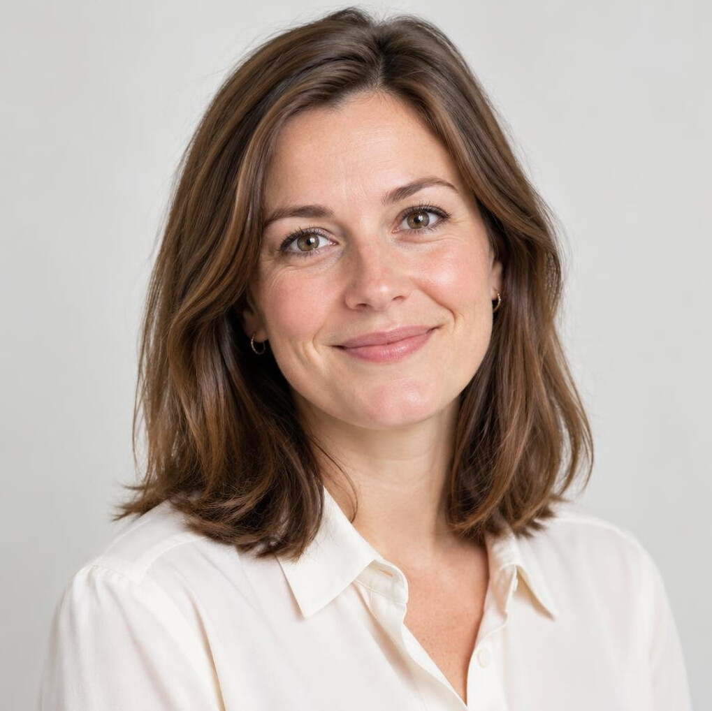 Portrait of a smiling woman in her thirties with shoulder-length brown hair