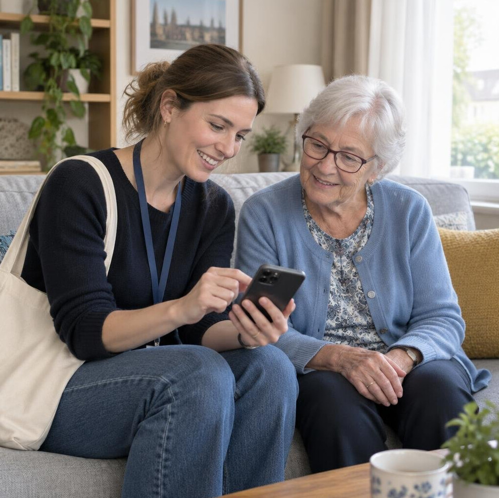 Trainer visiting a senior at home to teach smartphone use